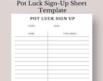 PDF voor aanmelden voor potluck, planner voor potluck, aanmeldformulier eten, feestorganisator, afdrukbaar evenementplanning