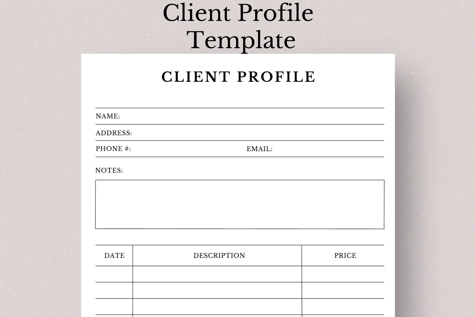 Client Profile Template, Printable Client Details Template, Fillable