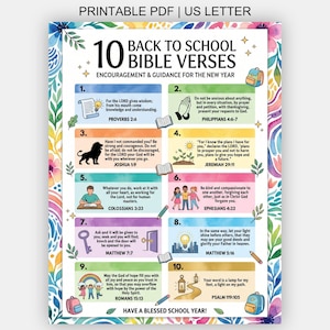 May include: A printable PDF document titled 10 Back to School Bible Verses, featuring a colorful floral border and ten numbered sections with illustrations and text. The page includes encouragement and guidance for the new school year.