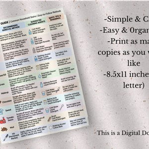 May include: A stain removal guide with a white background, featuring a detailed chart with stain types, removal methods, and cleaning agents. Text includes "Simple & Clean" and "8.5x11 inches (us letter)".