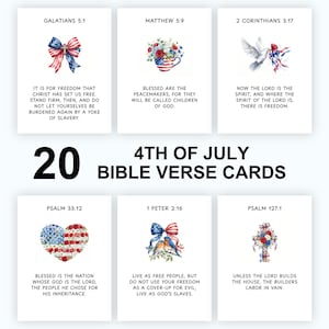 May include: A set of 20 4th of July Bible verse cards featuring watercolor illustrations of American flag-themed bows, flowers, doves, and hearts. Each card displays a specific scripture reference and text, such as Galatians 5:1, Matthew 5:9, and Psalm 33:12, printed in black on a white background.