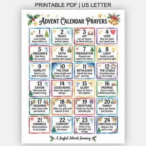 May include: A printable US letter PDF titled Advent Calendar Prayers featuring twenty-four numbered boxes with watercolor illustrations and religious text. The design includes holly, bells, and stars, with the footer text A Joyful Advent Journey.