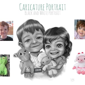 Custom Black and white Monochromatic Portrait Caricature Couple Family drawing Cartoon Digital Art Portrait from Photo Pet Funny Gift