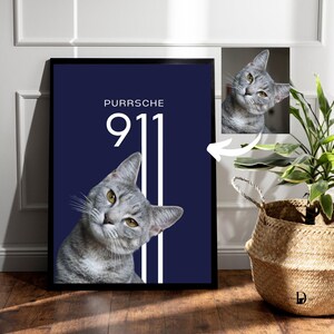 Retrato de gato personalizado a partir de una foto: arte inspirado en el Porsche 911, ilustración de mascotas, regalo para papá felino, regalo para amantes de los autos, arte mural digital