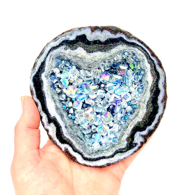 Handmade felted crystal geode Felted beaded geode Wool Felted Geode Handmade Fiber Art Wool Felting Gifts Felted Heart Shaped image 5