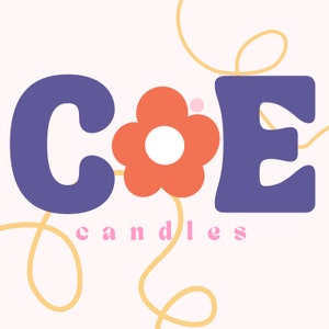 May include: A logo for a candle company called "COE candles". The logo features a stylized flower with a white center and orange petals, between the letters "C" and "E" in a purple color.