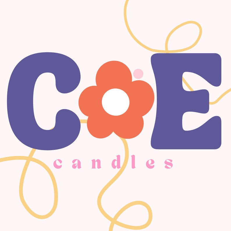 May include: A logo for a candle company called "COE candles". The logo features a stylized flower with a white center and orange petals, between the letters "C" and "E" in a purple color.