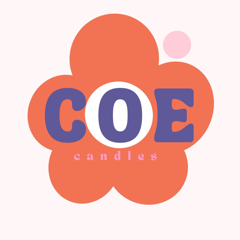 May include: A logo for a candle company called "COE candles". The logo is a stylized flower with a pink dot in the upper right corner. The letters "COE" are in a large, bold, purple font inside the flower.