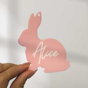 Etichetta/nome per cestino di Pasqua in acrilico con coniglietto stampato UV