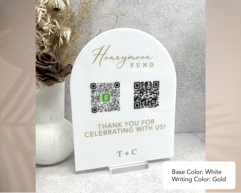 Acrylic Honeymoon QR Code Sign | Arch Cash Gift Table Decor image 2