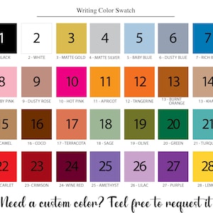 May include: A color swatch chart with 28 different colors, numbered 1 through 28. Each color has a corresponding name, such as black, white, baby pink, hot pink, and turquoise. The chart is titled "Writing Color Swatch".