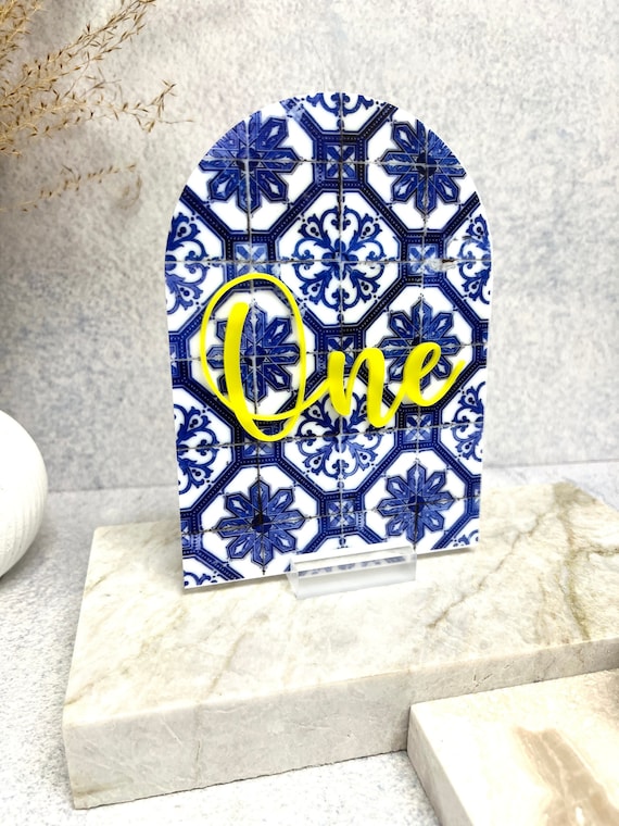 UV Printed Amalfi Print Acrylic Table Number with 3D Acrylic Writing