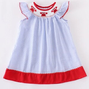 Blue Stripes Seersucker Crab Smocked Dress