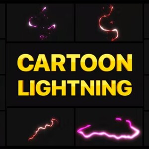 May include: A collection of cartoon lightning bolt graphics in various colors, including purple, green, and yellow, against a black background. The text "CARTOON LIGHTNING" is displayed in large, yellow, bold letters.