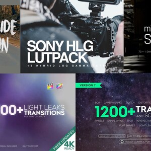 May include: A collage of images showcasing various video editing transitions and effects for Final Cut Pro. The images feature titles like "Smooth Slide Transition", "100+ Light Leaks Transitions", "Sony HLG LUTPACK", "mTransition Shade", and "1200+ Transitions and Sound FX Included".