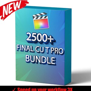 May include: A blue and green box with a white border and the text "NEW" in red. The box has a white and rainbow colored film strip icon and the text "2500+ FINAL CUT PRO BUNDLE". Below the box are three check marks with the text "Speed up your workflow 3X", "Drag & Drop", and "2500+ effects & templates".