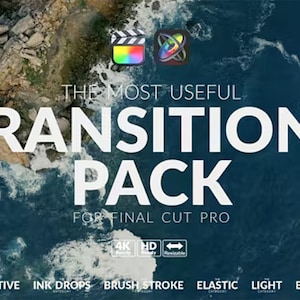 May include: A graphic design for a pack of transitions for Final Cut Pro. The design features a blue and white aerial image of a rocky coastline with waves. The text "THE MOST USEFUL TRANSITIONS PACK FOR FINAL CUT PRO" is in white text on a black background. The text "4K HD Resizable" is in white text on a black background. The text "MOTION PERSPECTIVE INK DROPS BRUSH STROKE ELASTIC LIGHT BLUR TUBE ZOOM" is in white text on a black background.