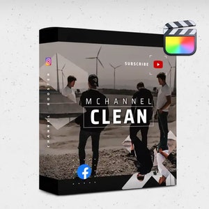 May include: A black box with the text "Channel Booster" and "MChannel Clean" on it. The box has social media icons for Instagram, Facebook, and YouTube. The background image shows three people standing in front of a field of wind turbines.