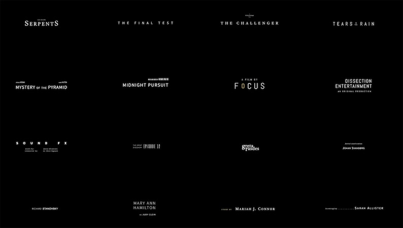 May include: A black and white image with the titles of several movies and television shows. The titles include "Serpents", "The Final Test", "The Challenger", "Tears = Rain", "Mystery of the Pyramid", "Midnight Pursuit", "A Film by Focus", "Dissection Entertainment", "Sound FX", "Episode 12", "Green Gables", and "Jean Simmons".
