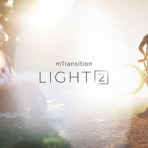 May include: A split image with a woman sitting in a park and a person holding a bicycle. The image is bathed in sunlight. The text "mTransition LIGHT 2" is in the center of the image.