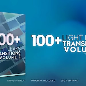 May include: A product box with the text "100+ Light Leaks Transitions Volume 2" for Final Cut Pro X. The box is purple and white, with a blue background. The image also includes the text "Drag-N-Drop", "Tutorial Included", and "24/7 Support".