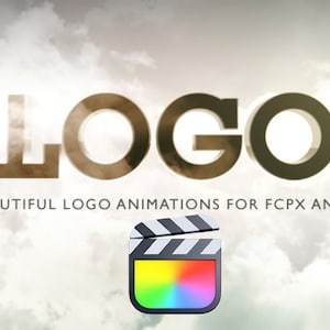 May include: mLOGO.3 30 New Beautiful Logo Animations for FCPX and Motion 5. The text is in a 3D style with a gold color. A clapperboard icon with a rainbow color gradient is in the bottom center of the image.