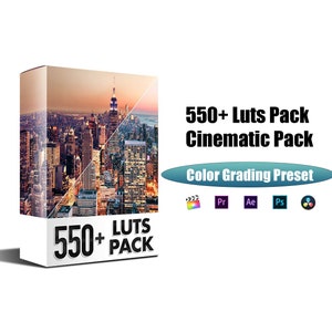 Könnte beinhalten: Eine weiße Box mit einem Stadtbild, das diagonal geteilt ist. Der Text lautet "550+ Luts Pack Cinematic Pack" und "Color Grading Preset". Symbole für Videoschnittsoftware sind ebenfalls vorhanden. Der Hintergrund ist weiß.