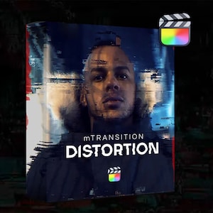 May include: A digital glitch effect transition pack for video editing. The image shows a man's face with a blue and red digital glitch effect. The text "mTRANSITION DISTORTION" is displayed on the image.