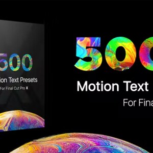 May include: A product box with a black background and colorful text that reads "500+ Motion Text Presets for Final Cut Pro X". The box is surrounded by a colorful, abstract design.