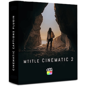 May include: A black box with the text "MTITLE CINEMATIC 2" in white. The box has a picture of a woman standing in a cave opening looking out at the ocean. The box is a plugin for creating cinematic titles.