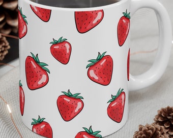 Strawberries Ceramic Mug | Strawberry Pattern Design for Summer Lovers (11oz)