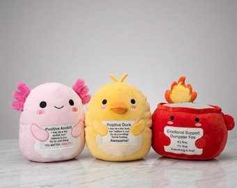 Emotional Support Plushies | Positive Axolotl l Duck & Dumpster Fire | Desk Buddies, Mental Health Gift, Adorable Stress Relief Toys