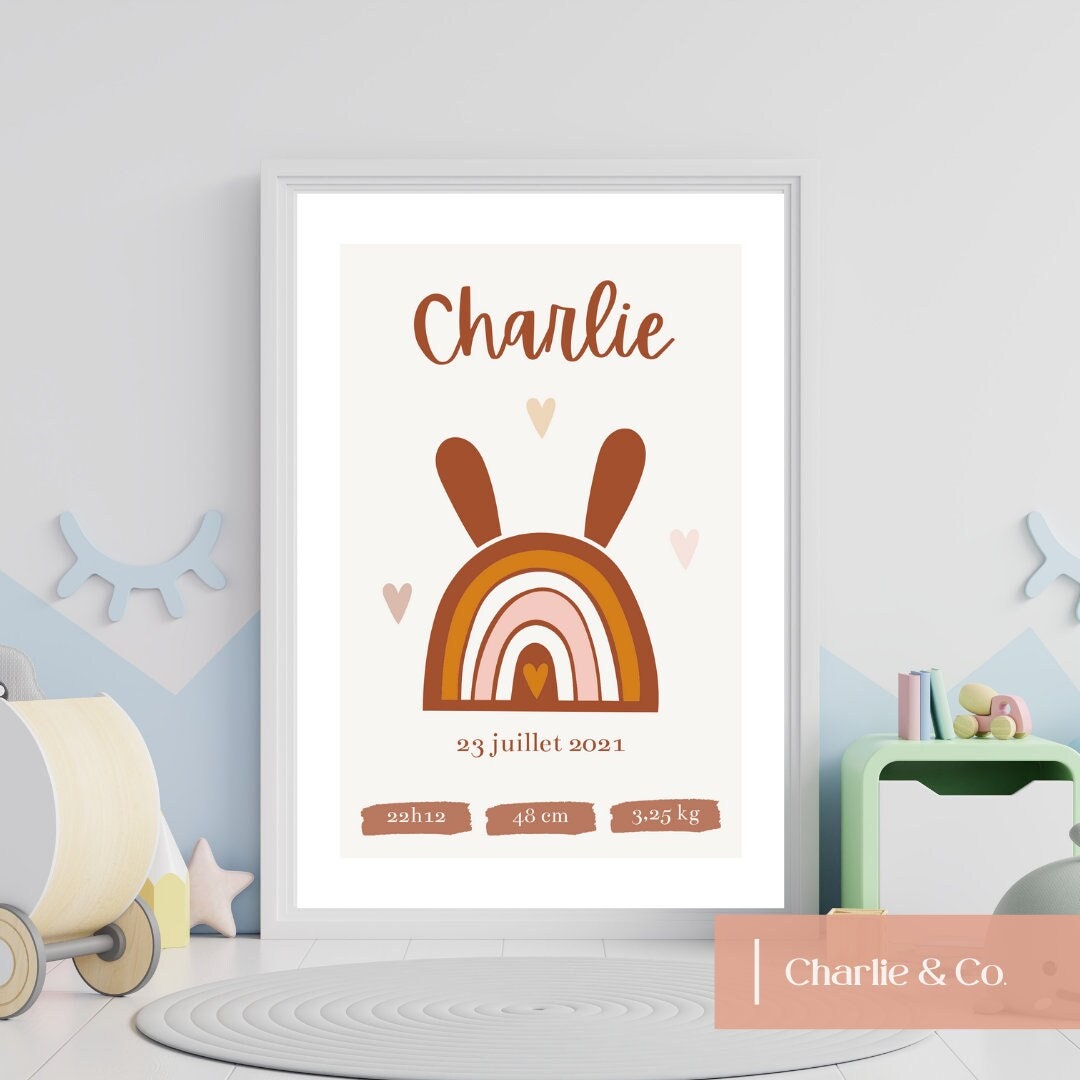 Affiche Personnalisée Naissance Arc-En-Ciel Pour Chambre de Bébé - Style Boho | Cadeau à Personnalis