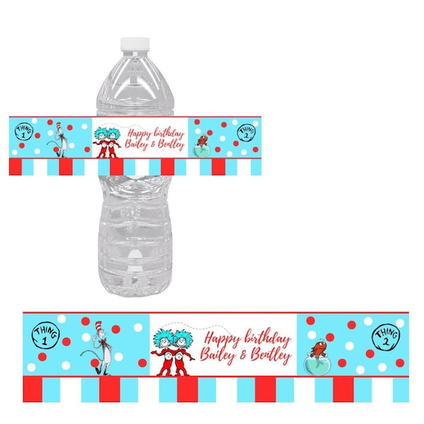 Thing 1 water bottle label, Dr Seuss water bottle label, thing 2 birthday party, digital water bottle labels, thing 1 thing 2, twin birthday