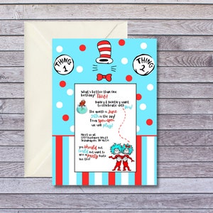 Thing 1 thing 2 birthday invitation, Dr Seuss birthday party, twins birthday, Dr Seuss invitation, thing 1 birthday, thing 2 birthday party