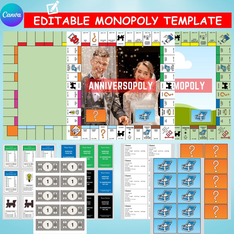 Modèle Monopoly personnalisé Canvas Jeux de société Monopoly entièrement modifiables sur Canva Téléchargement instantané du PDF image 1