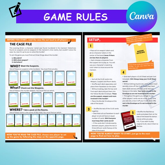 Clue Game Template for Canva Family Game Night Personalize -  Portugal