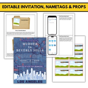 May include: Printable party invitation and name tags for a murder mystery party. The invitation features a map of Los Angeles with the text "Murder in Beverly Hills". The name tags feature a cityscape background with the names of the characters.