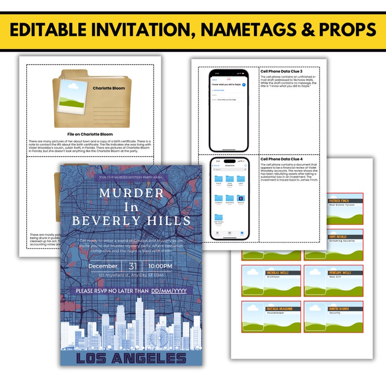 May include: Printable party invitation and name tags for a murder mystery party. The invitation features a map of Los Angeles with the text "Murder in Beverly Hills". The name tags feature a cityscape background with the names of the characters.