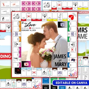 Könnte beinhalten: Ein individuelles Brettspiel mit einem zentralen Foto eines Paares, versehen mit dem Text To my Love AND THEY LIVED HAPPILY EVER AFTER FEBRUARY 14, 2026 und JAMES AND MARY. Der Rand des Spielbretts enthält verschiedene Symbole und Hochzeitsmotive.