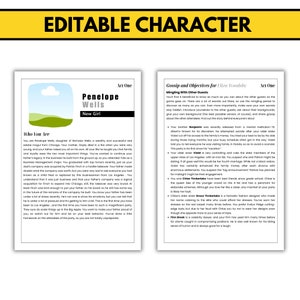May include: A printable character sheet for a role-playing game. The sheet is titled "Editable Character" and features a character named Penelope Wells. The sheet includes information about the character's background, personality, and relationships with other characters. The sheet also includes a section for "Gossip and Objectives" for the character Eliza Woodsby.
