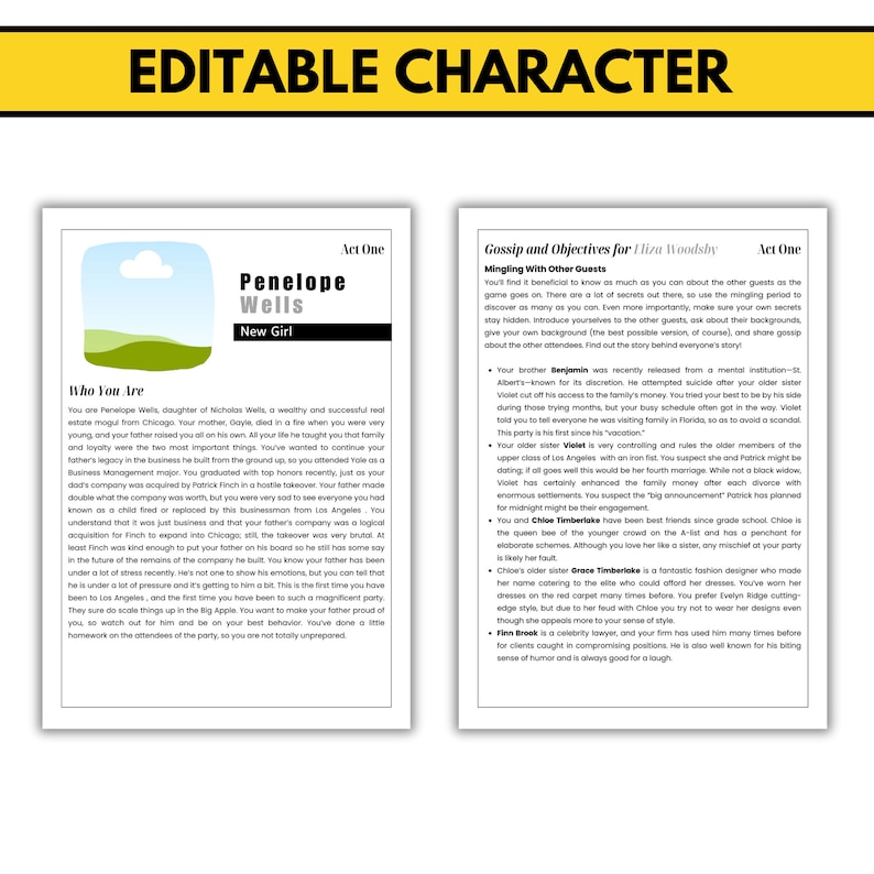 May include: A printable character sheet for a role-playing game. The sheet is titled "Editable Character" and features a character named Penelope Wells. The sheet includes information about the character's background, personality, and relationships with other characters. The sheet also includes a section for "Gossip and Objectives" for the character Eliza Woodsby.