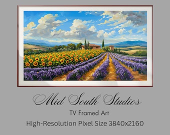 Samsung FRAME TV Digitale Kunst: Sonnenblumen & Lavendelfeld Ölgemälde Textur, Italienische Landschaft Landschaft, Home Decor