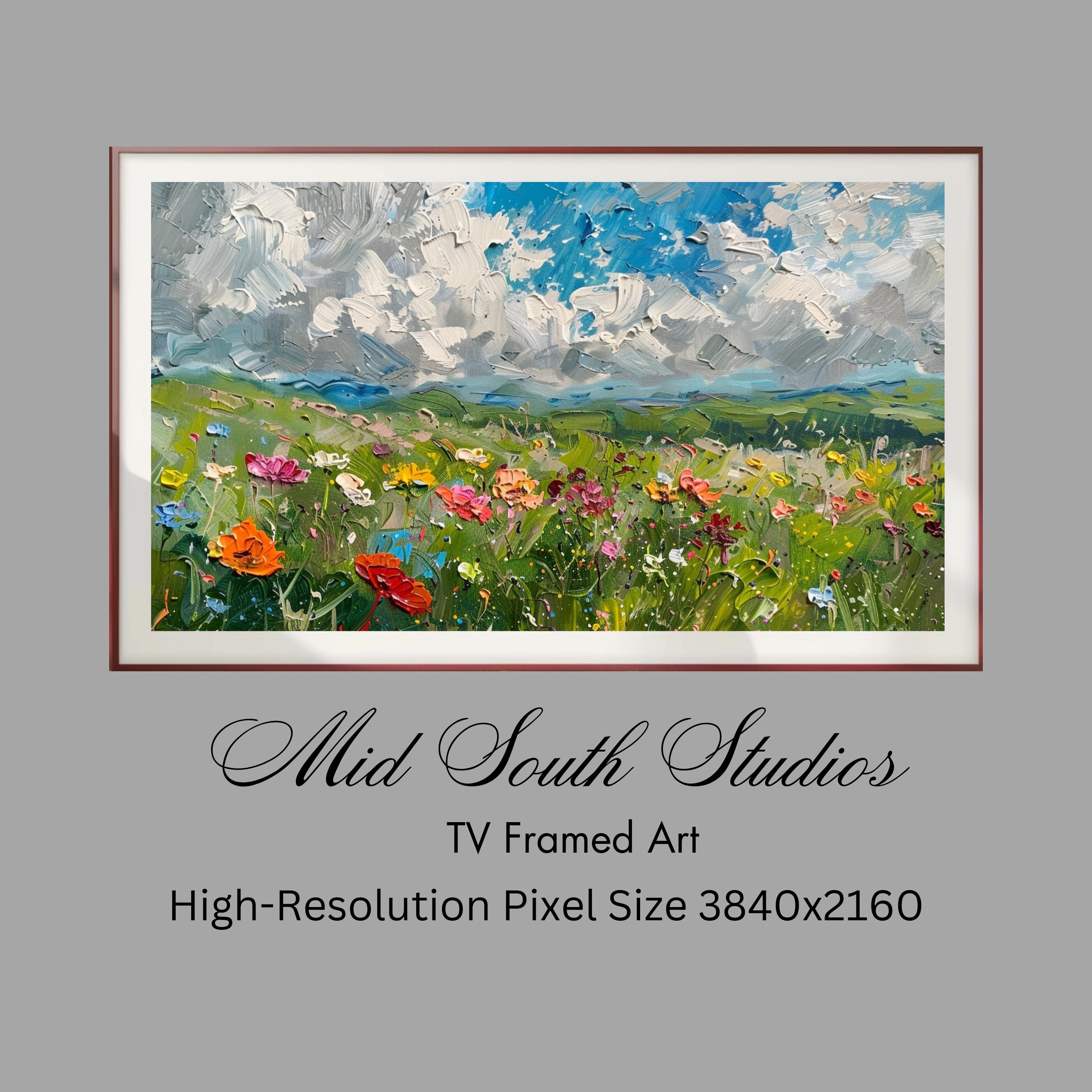 Samsung FRAME TV Digitale Kunst: Ölgemälde Frühling Wildblumenfeld, leuchtende Blumen am bewölkten Tag - Home Decor Wandkunst