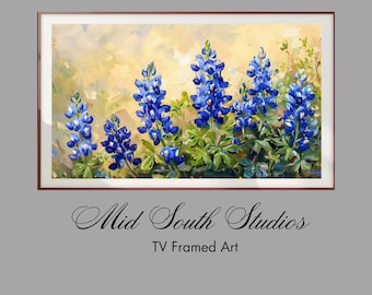 Samsung Frame TV Art: Strukturiertes Ölgemälde von Bluebonnet Blumen - Natur inspirierte Wohnkultur, einzigartige Wandkunst für Wohnzimmerdekor