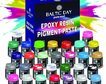 May include: A set of 20 epoxy resin pigment paste jars in various colors, including red, blue, green, yellow, black, white, and brown. The jars are arranged in a grid pattern on a white background. The jars are labeled "BALTIC DAY" and "EPOXY RESIN PIGMENT PASTE".