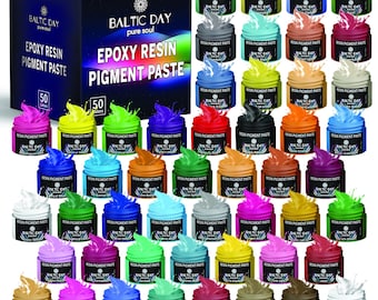May include: A set of 50 epoxy resin pigment pastes in various colors, including white, black, red, blue, green, yellow, and orange. The pastes are packaged in small jars with black lids and labels that say "Baltic Day Pure Soul Epoxy Resin Pigment Paste".