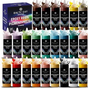 May include: A set of 24 Baltic Day epoxy resin pigment paste bottles in various colors, each containing 20g or 0.71 ounces of product. The bottles feature pointed caps and labels with color names, arranged alongside a matching cardboard box.