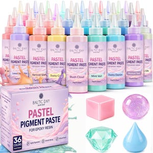 May include: A set of 36 pastel pigment paste bottles for epoxy resin by Baltic Day, each containing 15g/0.53oz of color. The collection includes various pastel shades in squeeze bottles, a branded box, and four resin shapes: a pink cube, a glittery purple sphere, a mint green diamond, and a blue teardrop.