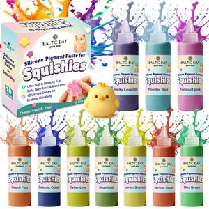 May include: A set of ten squeeze bottles of Baltic Day silicone pigment paste for squishies in various colors, including smoky lavender, powder blue, fondant pink, peach fuzz, galactic cobalt, cyber lime, sage leaf, lemon sherbet, apricot crush, and mint green, with a box and a yellow chick toy.